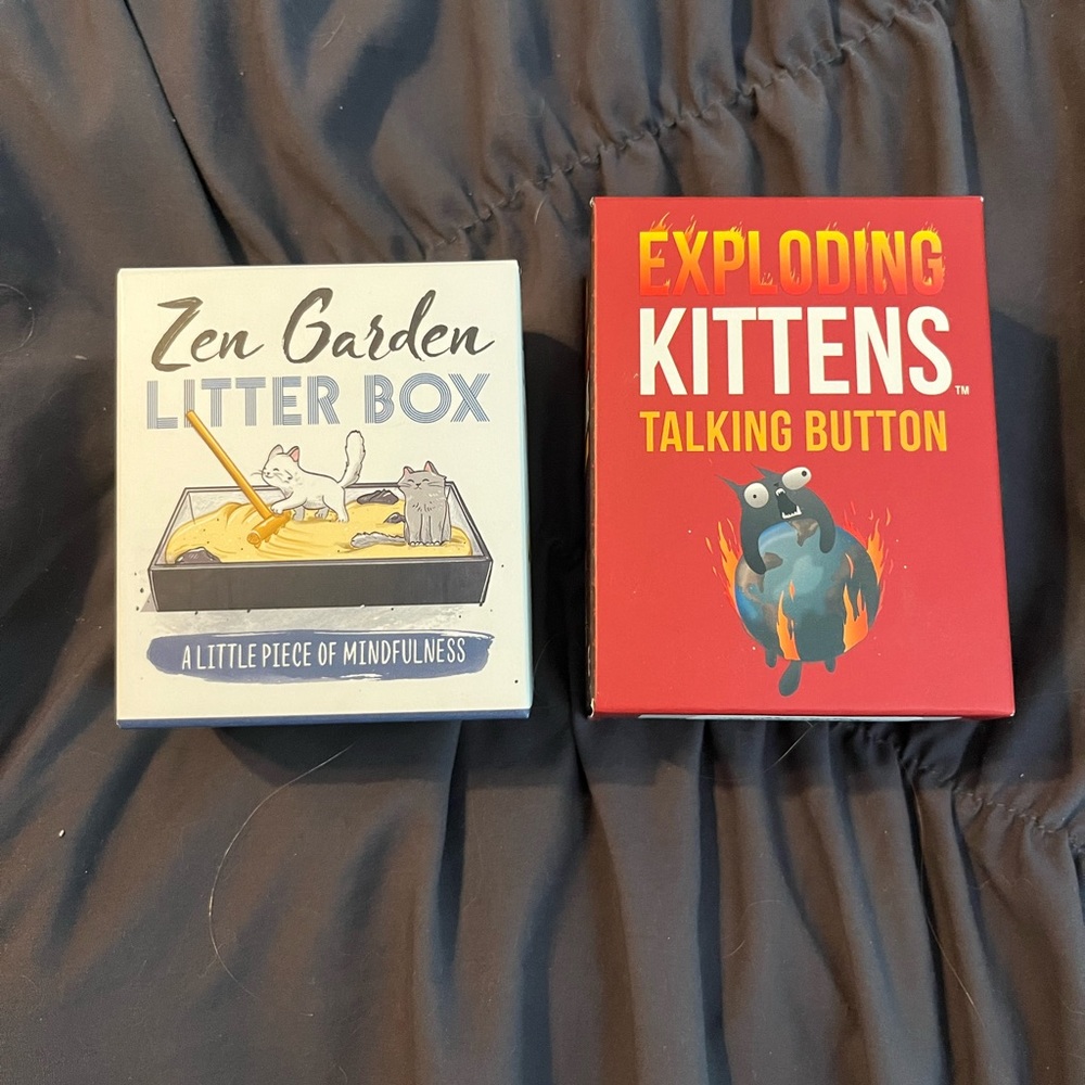 Zen Garden Litter Box and Exploding Kittens Talking button